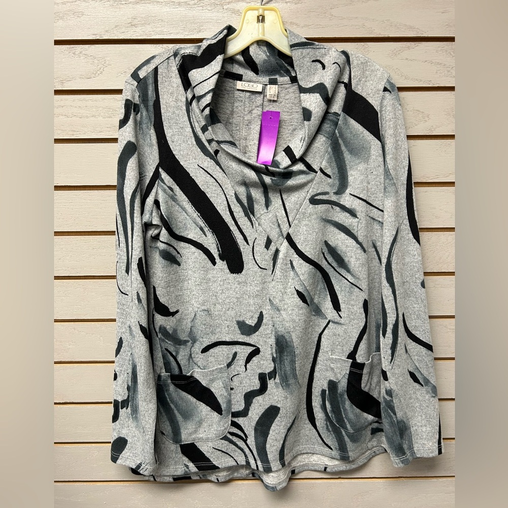 LOGO by Lori Goldstein Gray and Black Cowl Neck Sweater